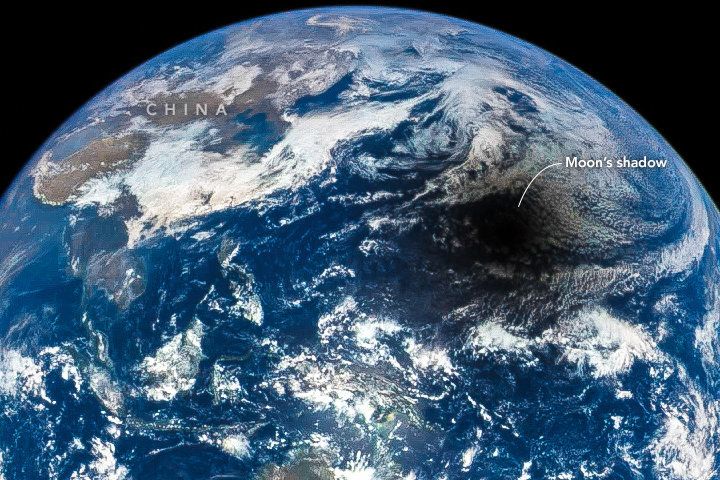The moon's shadow over Earth during the 2016 total solar eclipse.
