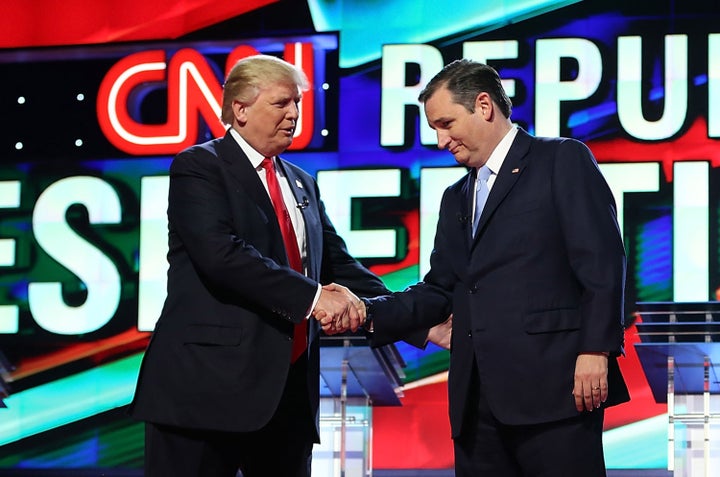 Donald Trump and Sen. Ted Cruz shake hands Thursday before the debate.