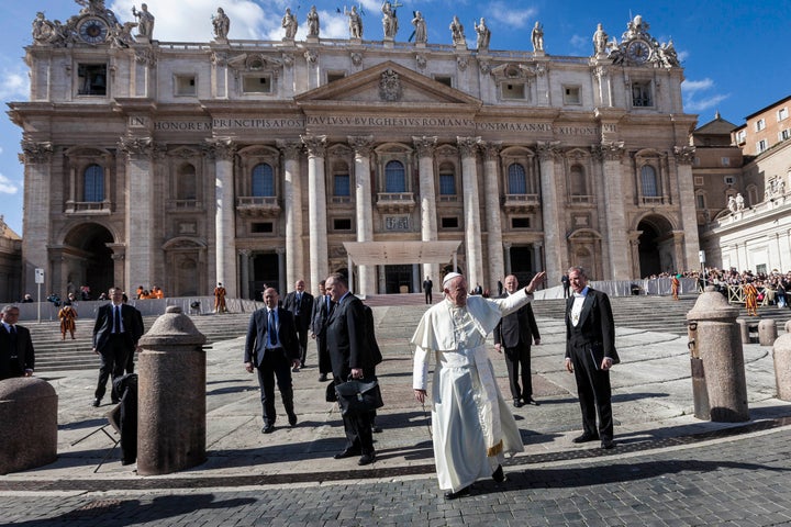 Pope Francis leaves at the end of his Weekly General Audience in St. Peter's Square in Vatican City, Vatican.