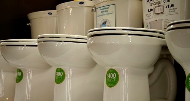 A $100 rebate provides an incentive to buy a low flow toilet. Upgrading fixtures and appliances to be more water efficient ca