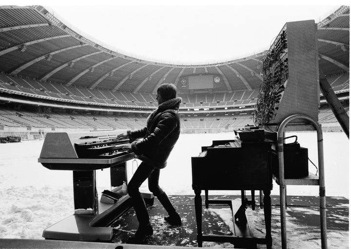 Keith Emerson during rehearsals for ELP's 'Works' tour at the Olympic Stadium in Montreal, Canada, February 1977.