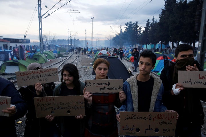 The plan has raised concerns across Europe. Here, refugees stage a protest at the Idomeni camp on Friday.