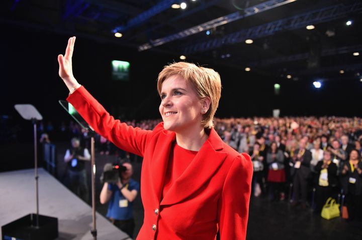 SNP leader Nicola Sturgeon takes applause following delivering her keynote speech to the Scottish National Party Spring conference on March 12, 2016 in Glasgow