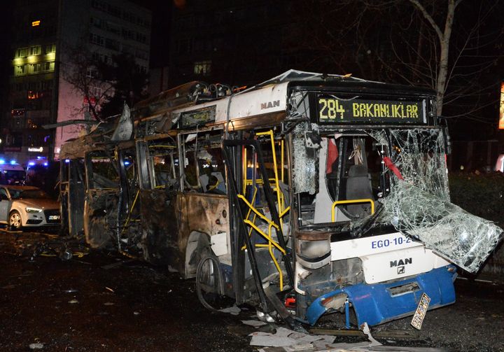 The wreckage of a bus is seen after an explosion in Ankara's central Kizilay district on March 13, 2016 in Ankara, Turkey.