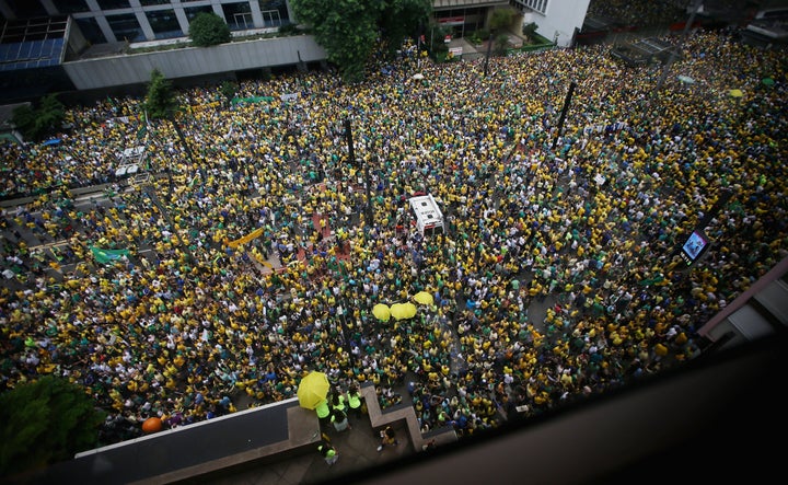 SAO PAULO, BRAZIL - MARCH 13: Anti-government protestors jam Avenida Paulista during a demonstration calling for the removal