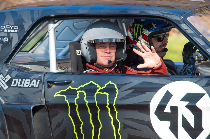 <strong>Matt LeBlanc filming at Whitehall yesterday with rally driver Ken Block</strong>