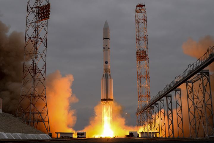 A Russian Proton-M rocket carrying the ExoMars 2016 spacecraft blasts off from the launch pad at the Russian-leased Baikonur cosmodrome on March 14, 2016.