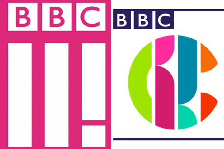 BBC Three logo, left, and the new CBBC logo, right