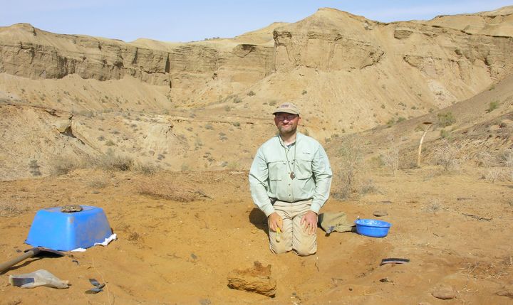 Sues excavating a dinosaur fossil at Dzharakuduk in the Kyzylkum Desert of Uzbekistan, in September 2006.