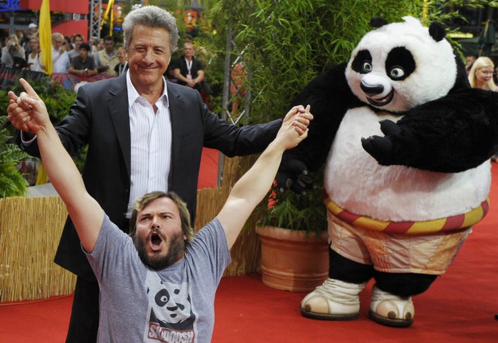 <strong>Dustin Hoffman with 'Kung Fu Panda 3' co-star Jack Black, and Po.</strong>