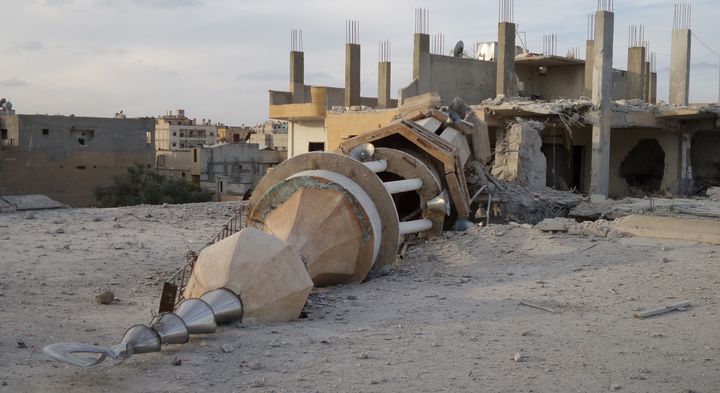The destroyed minaret of Raqqa's al-Hinni Mosque after airstrikes on Nov. 25, 2014.