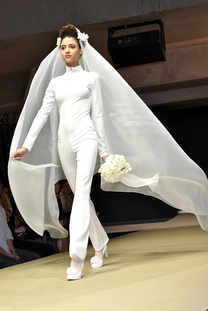 A model walks the runway during the Agnes B. show as part of Paris Fashion Week on March 8, 2016.