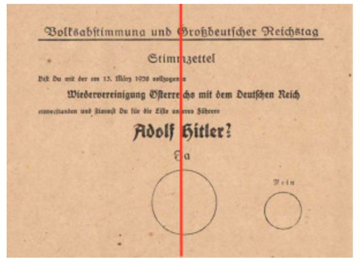 The 1938 referendum issued to Austrian citizens in German-occupied Austria one month after Nazi forces invaded. 