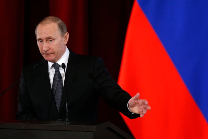 Russian President Vladimir Putin gives a speech at a meeting in Moscow on March 15. Putin announced this week that Russia would be partially withdrawing from Syria.