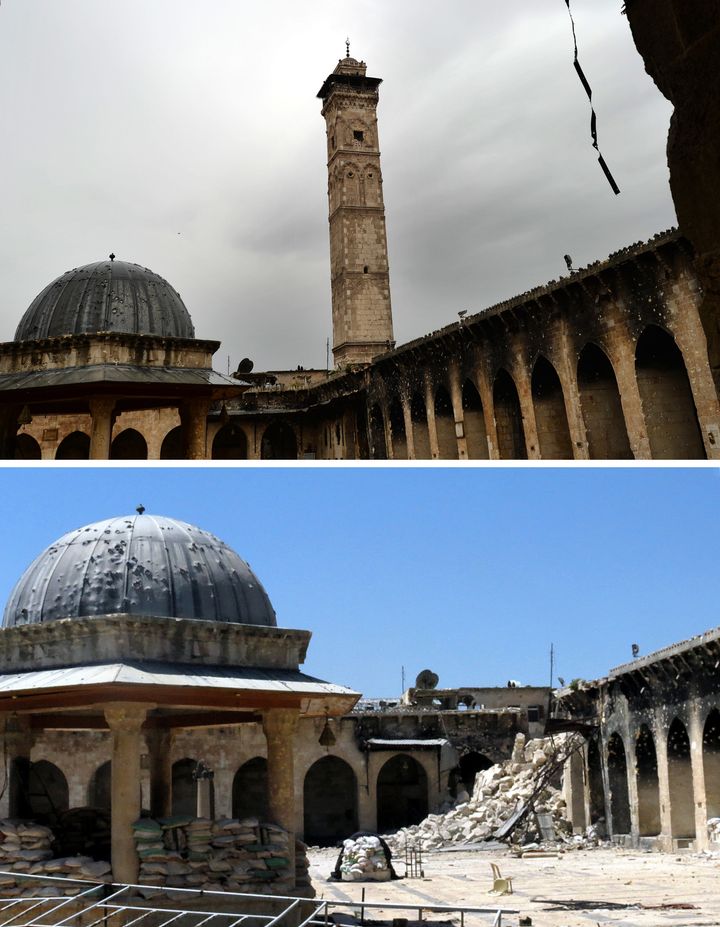 A picture of the Umayyad mosque on April 16, 2013 (top) and on April 24 (bottom) after the minaret was blown up