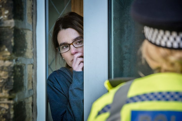 Frances Drummond (Shirley Henderson) receives a call from Catherine Cawood (Sarah Lancashire) in the 'Happy Valley' finale