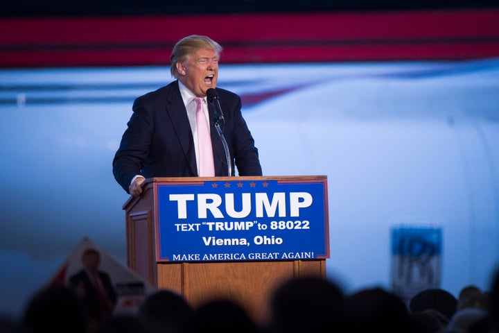 Donald Trump riling up a crowd in in Vienna, Ohio, on March 14. His rallies have increasingly become the sites of violent clashes.