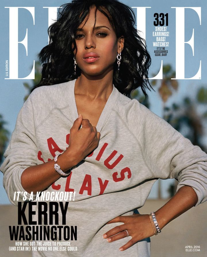 Kerry Washington rocks a Shinola sweatshirt giving a nod to Muhammad Ali, as she graces "Elle" magazine's April 2016 cover.