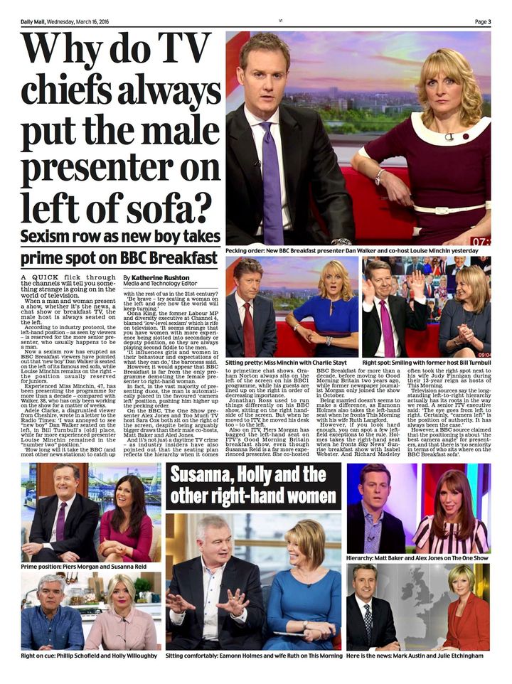 <strong>Wednesday's Daily Mail showed many presenting duos with the man to the left</strong>