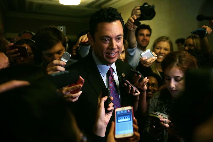 Rep. Jason Chaffetz (R-UT), surrounded by members of the media, explains that he won't be soft on Michigan Gov. Rick Snyder when he comes to Congress to testify.