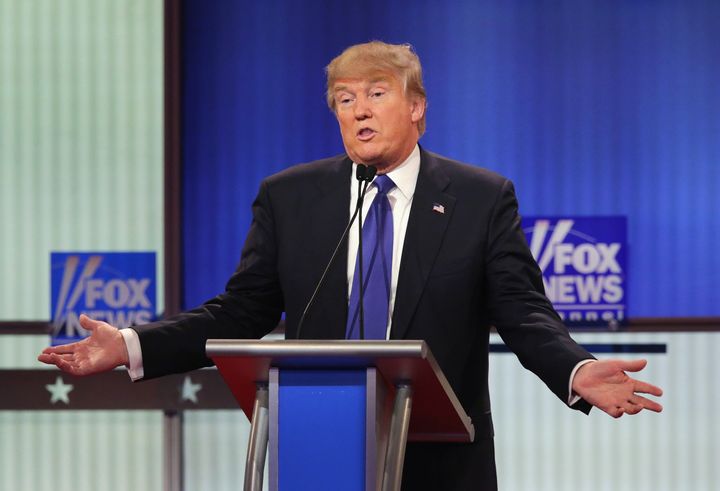 Donald Trump participates in a debate sponsored by Fox News at the Fox Theatre on March 3, 2016 in Detroit, Michigan