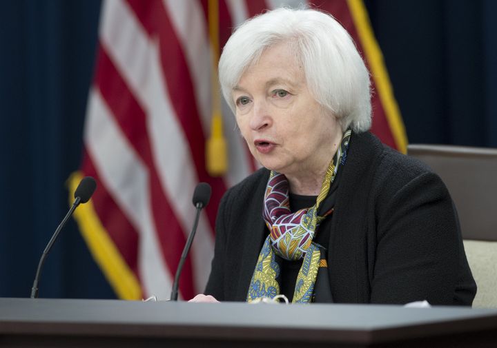 Federal Reserve Chair Janet Yellen speaking at a press conference on Wednesday after the Fed announced that the benchmark interest rate will not rise.
