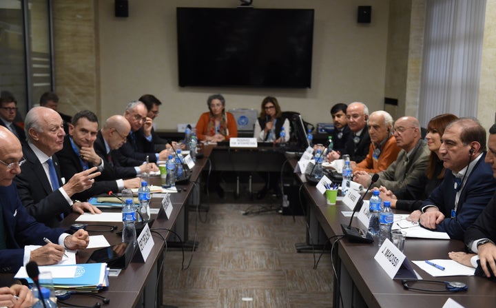 Staffan de Mistura, U.N. special envoy for Syria, speaks with Syrian opposition figures in Geneva. He is overseeing the&nbsp;