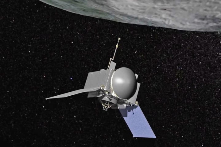 An animation showing the OSIRIS-REx spacecraft as it approaches Bennu, en route to collecting a sample of the asteroid for a return to Earth.