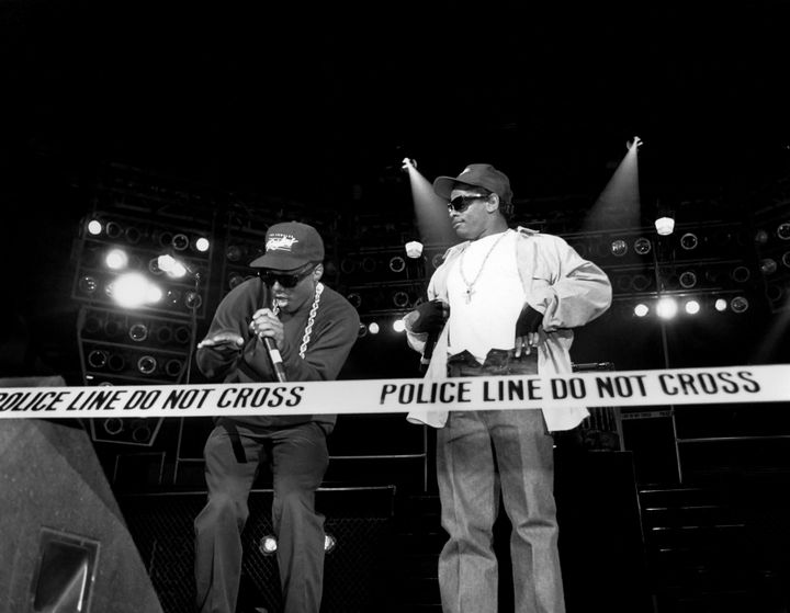 Rappers MC Ren and Eazy-E from N.W.A are seen performing in 1989.