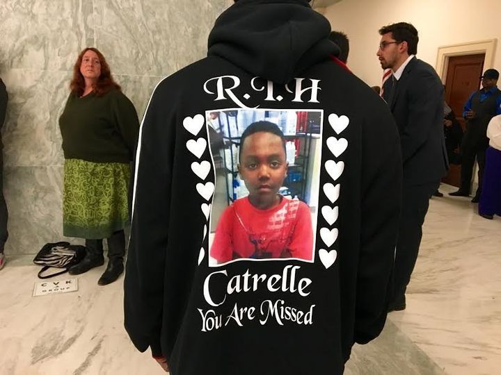 Demeceo Braylock Sr., 38, wears a hoodie with his deceased nephew Catrelle Canada, 9, who he believes died from complications from drinking the water in Flint.