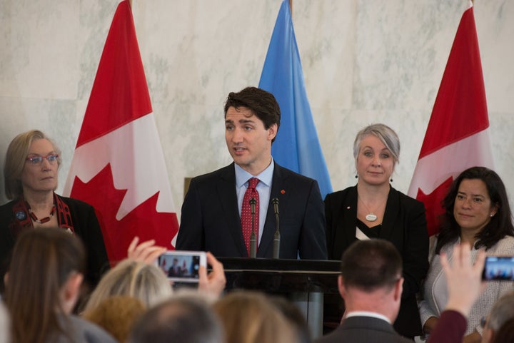 Canadian Prime Minister Justin Trudeau speaks at a press conference at UN HQ on Wednesday