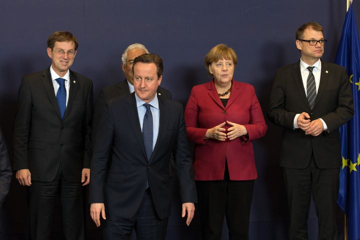 (Left to right) Slovenia's Prime Minister, Miro Cerar; Portugal's Prime Minister, Antonio Costa; Britain's Prime Minister David Cameron; Germany's Chancellor, Angela Merkel and Finland's Prime Minister, Juha Sipila