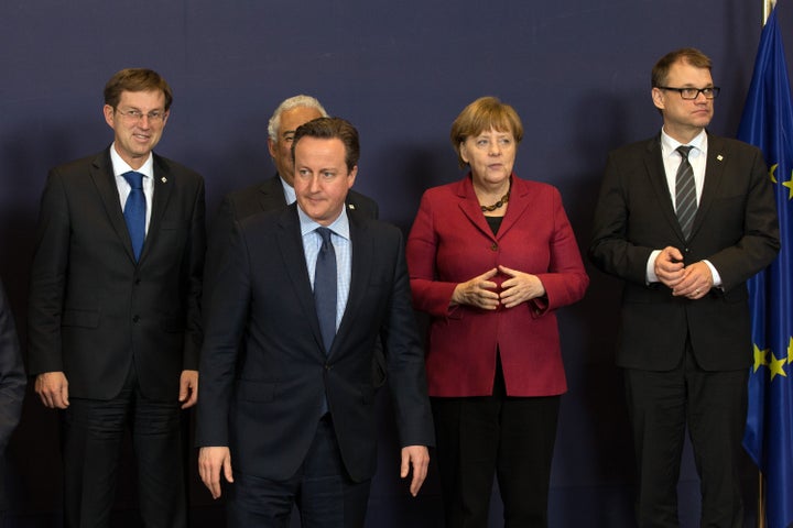 (Left to right) Slovenia's Prime Minister, Miro Cerar; Portugal's Prime Minister, Antonio Costa; Britain's Prime Minister David Cameron; Germany's Chancellor, Angela Merkel and Finland's Prime Minister, Juha Sipila