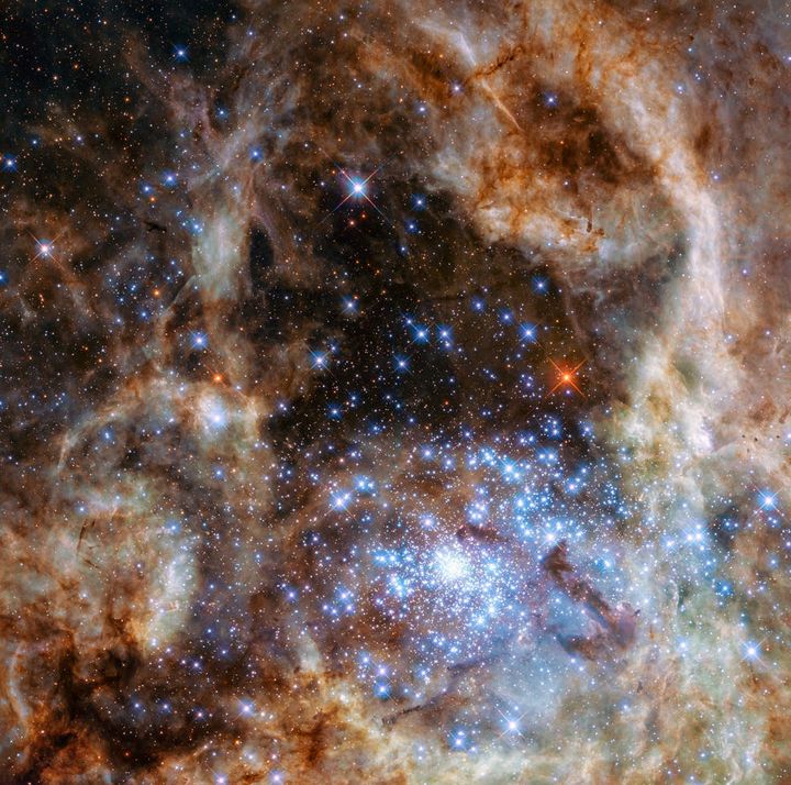 The monster stars in cluster R136 are shown toward the bottom right of this image of the Tarantula Nebula.
