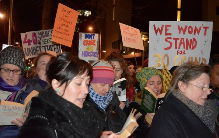 Campaigners demonstrating against Southwark Council's increased charges on the Feminist Library site