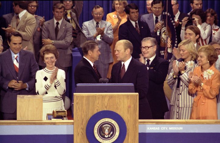 On Aug. 19, 1976, the closing night of the GOP convention in Kansas City, Missouri, President Gerald Ford thanked Ronald Reagan for his remarks. Reagan had unsuccessfully run for the Republican nomination.