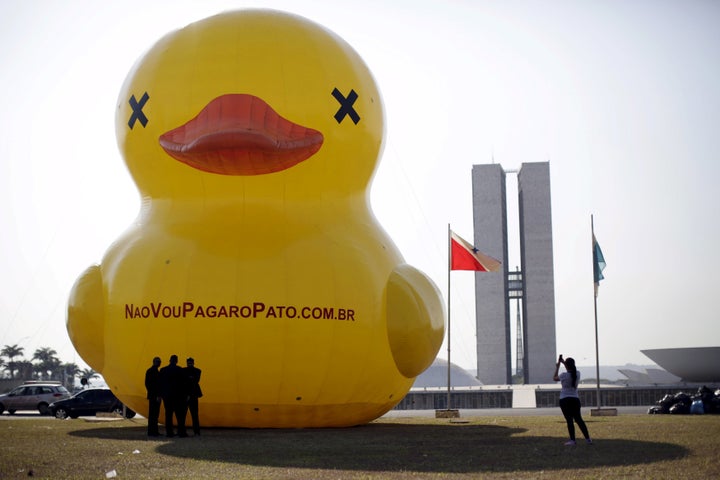 The gigantic, inflatable yellow duck is fast becoming a symbol of the Brazilian rich's anger towards President Dilma Rousseff