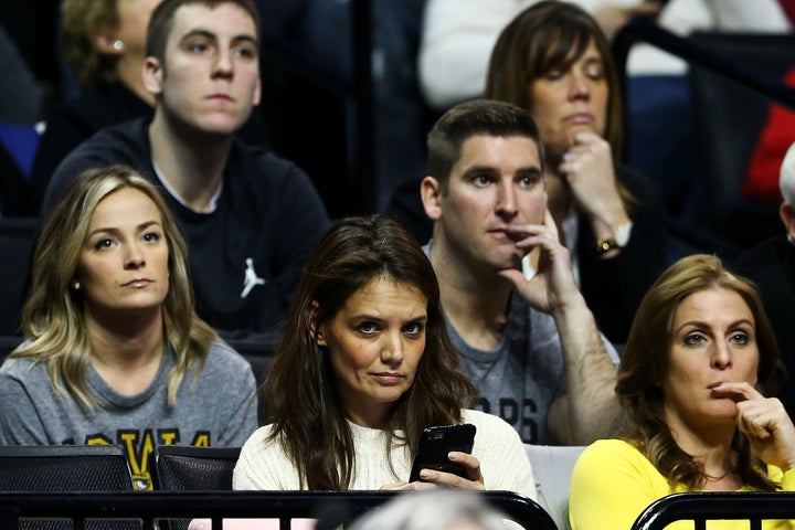 Actress Katie Holmes attends the game between the Iowa Hawkeyes and the Villanova Wildcats during the second round of the 2016 NCAA Men's Basketball Tournament at Barclays Center on March 20, 2016 in Brooklyn. 