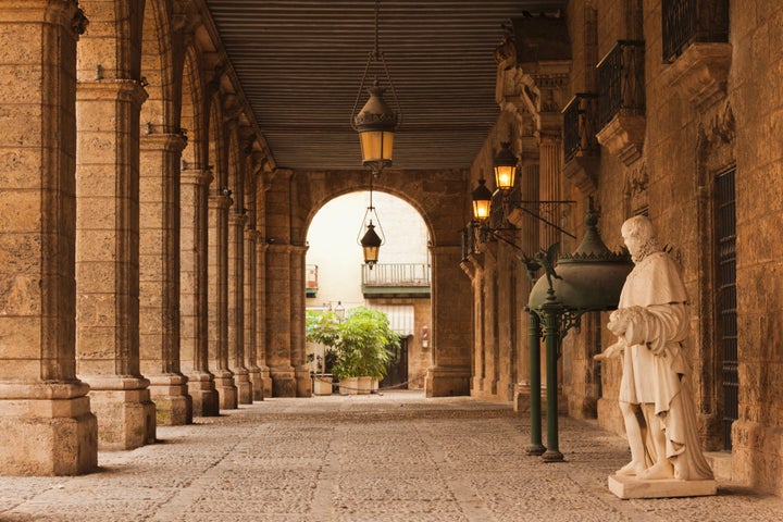 The plaza on a sunnier day.