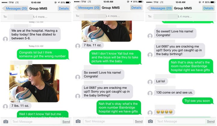 A text message sent to a wrong number announcing a newborn’s birth led to an amazing surprise by a pair of total strangers.