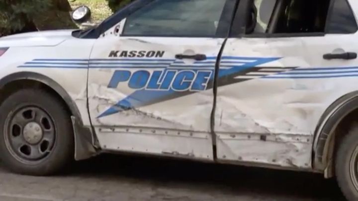 Damage seen on a police car after a chase involving a cement mixer allegedly driven by an 11-year-old boy.