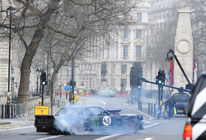 Matt LeBlanc and Ken Block performed the stunt on the roads surrounding the war memorial