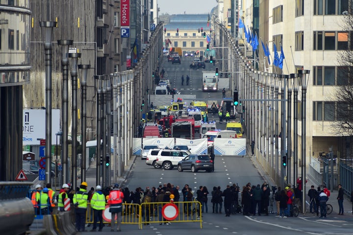 Emergency services near the metro station at Maalbeek after a blast