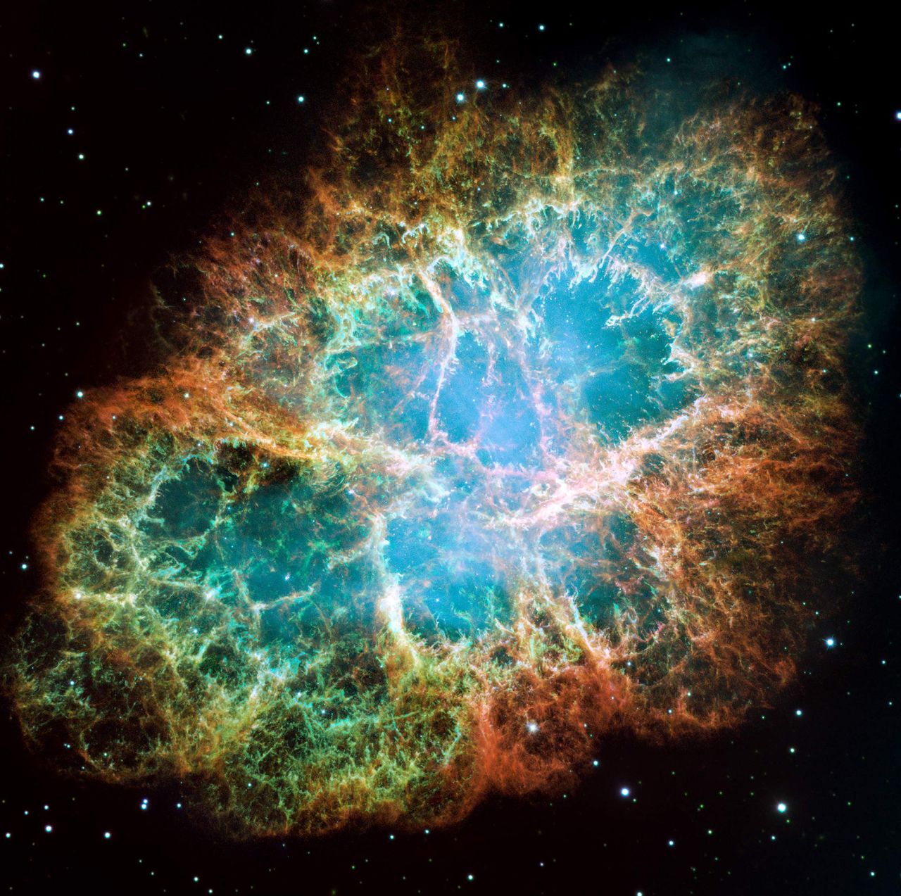 The Crab Nebula, is a six-light-year-wide expanding remnant of a star's supernova explosion.