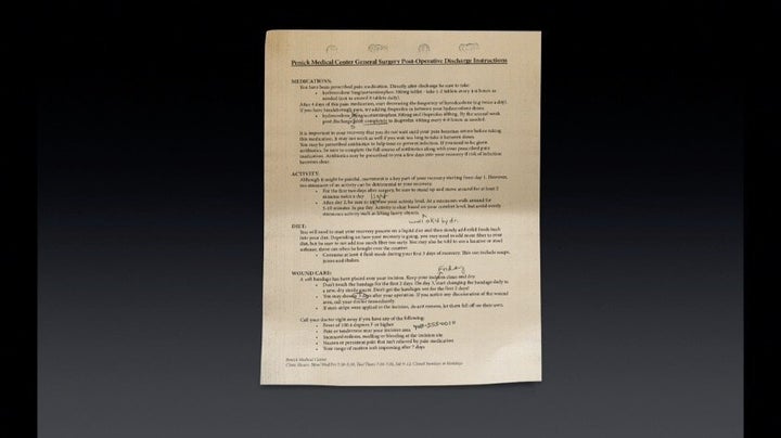An example of post-surgery care instructions usually given to a patient, featured in Williams' presentation.
