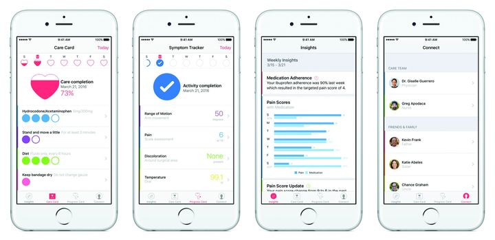 Screenshots of the post-surgery app that will be available on the CareKit platform.