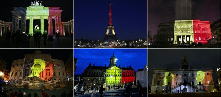 The colours of the Belgian flag being projected on to (from top L) the Brandenburg Gate in Berlin, the Eiffel Tower in Paris, the town council building in Belgrade, the Trevi Fountain in Rome, the Royal Palace at Dam Square in Amsterdam and Rome's Campidoglio