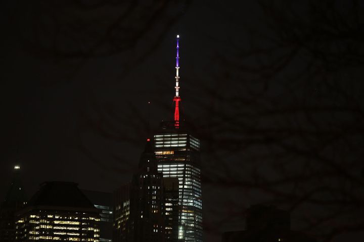 The spire of One World Trade Center is lit Tuesday night as a sign of solidarity with Belgium following attacks there. While the spire was meant to display the Belgian flag colors of black, yellow and red, many people said the colors were closer to France's flag of blue, white and red.