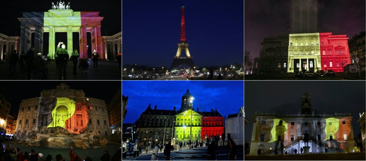 Colors of the Belgian flag were projected on to (from top L): The Brandenburg Gate in Berlin, the Eiffel Tower in Paris, the town council building in Belgrade, the Trevi Fountain in Rome, the Royal Palace at Dam Square in Amsterdam and Rome's Campidoglio.