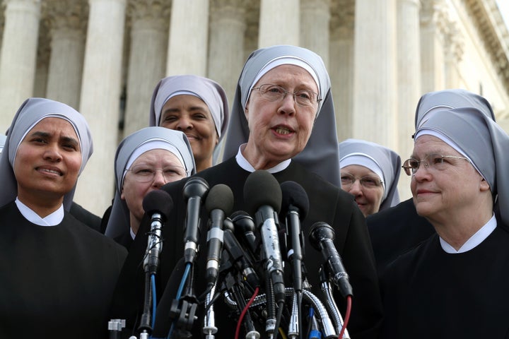 Members from the Little Sisters of the Poor speak to the press following Wednesday's oral arguments at the Supreme Court.